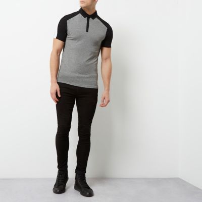 Grey and black muscle fit polo shirt